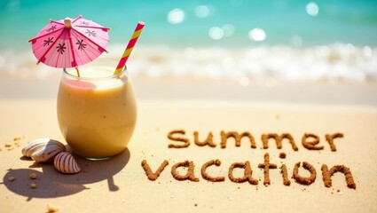  pina colada refreshing tropical drink with summer background with written text on sand and sunny beach vibe 