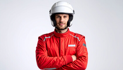 Obraz premium Confident man in red racing suit and white helmet posing with arms crossed
