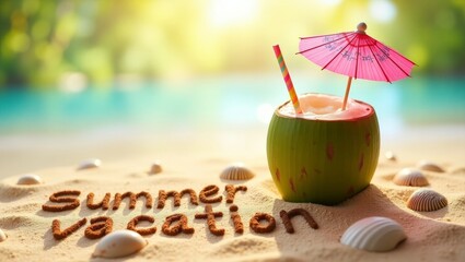 summer background with written text on sand and sunny beach vibe with Fresh coconut drink with colorful umbrella and straw 