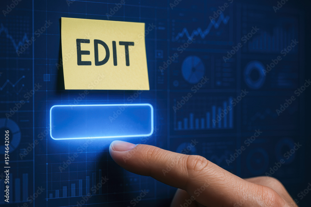 Poster interaction with a digital interface symbolizes control and improvement in data management and busin