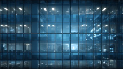 seamless orthographic texture of modern glass office facade with interior lights