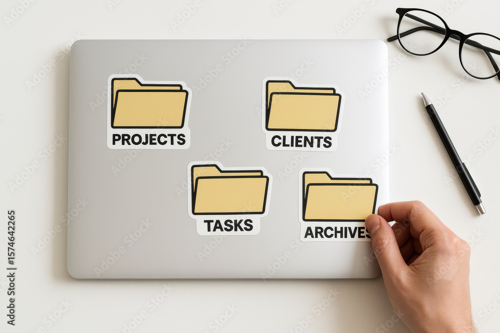 Poster organizing key business documents into categorized folders reflects efficient workflow and project m