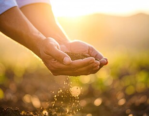 Hands holding soil, sunset