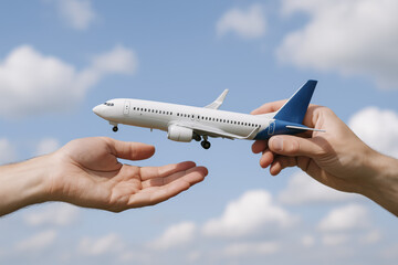Collaboration drives progress as one offers a model airplane to another symbolizing business growth and global expansion