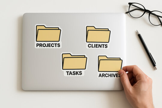 Organizing key business documents into categorized folders reflects efficient workflow and project management on a clean workspace