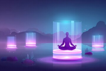 A serene person sitting in a modern meditation room illuminated by a soft light on the floor, surrounded by futuristic meditation pods.
