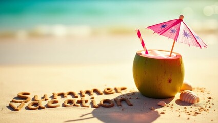 summer background with written text on sand and sunny beach vibe with Fresh coconut drink with colorful umbrella and straw 