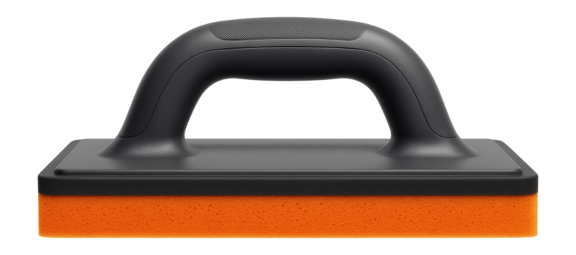 Rectangular plastic grout float with a thick sponge pad for tiling projects.