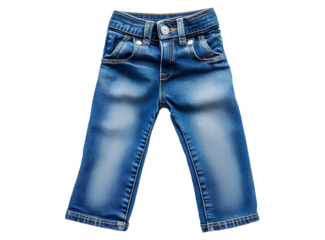 A pair of blue jeans for boys, worn against a white background. The front view shows the full body of each denim pant