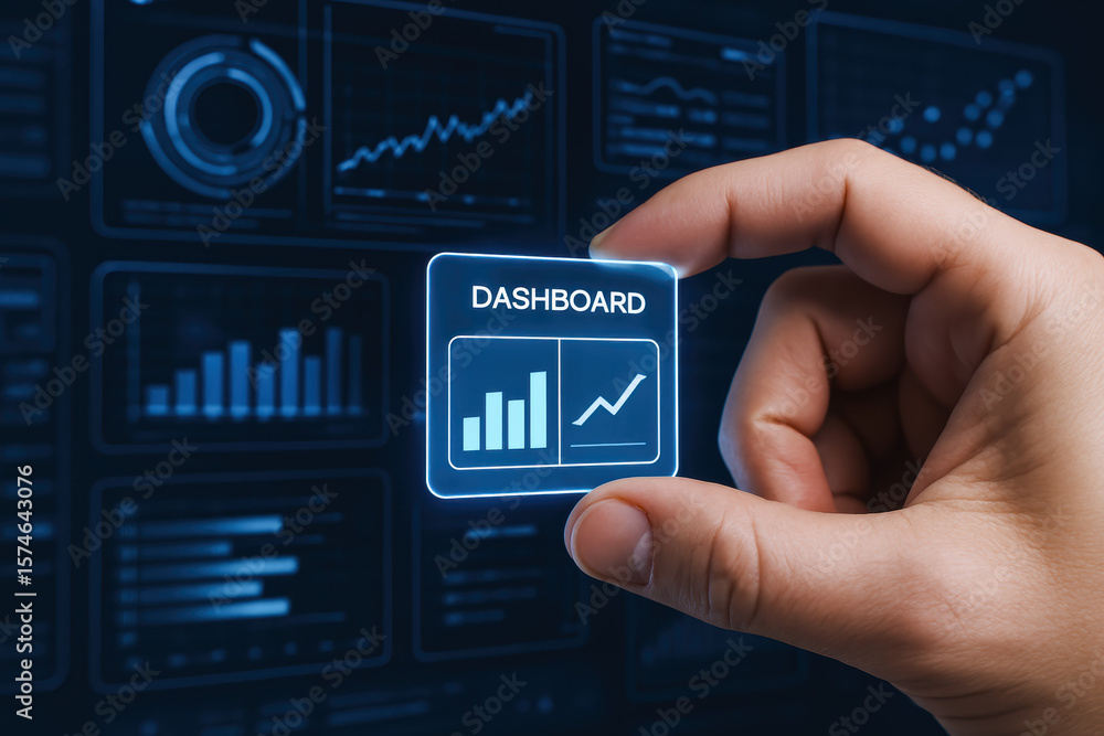 Poster a close-up interacts with a digital interface illustrating data management and progress analysis in 