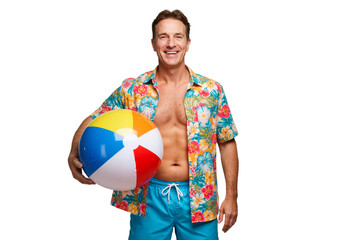 Man smiling and holding beach ball in summer outfit on white background, high-resolution lifestyle PNG