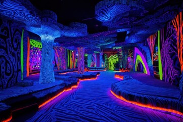 A futuristic room illuminated by neon lights with a zebra print on the walls, creating a vibrant and modern atmosphere.