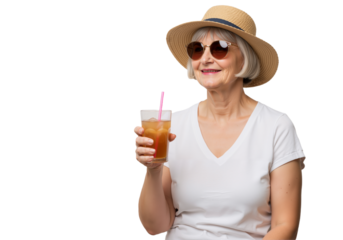 Older white woman with hat holding cold drink on white background, high-resolution relaxed summer lifestyle PNG
