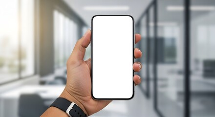 A hand holds a modern mobile device with a blank white screen, mockup display ready for content,