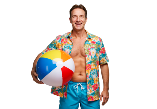 Man smiling and holding beach ball in summer outfit on white background, high-resolution lifestyle PNG