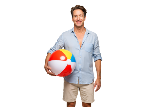 Man smiling and holding beach ball in summer outfit on white background, high-resolution lifestyle PNG