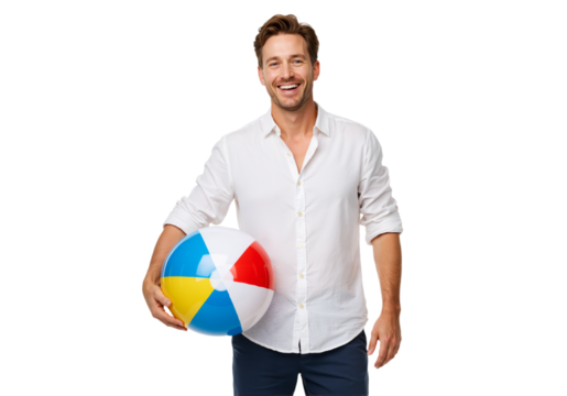 Man smiling and holding beach ball in summer outfit on white background, high-resolution lifestyle PNG - Powered by Adobe
