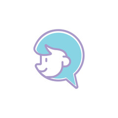 Logo design of a chat bubble in the shape of a human figure, symbolizing communication, connection, and customer interaction in a sleek, modern design.