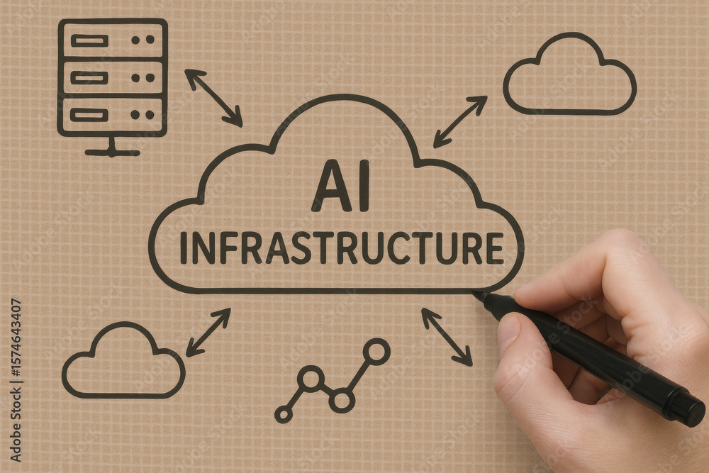 Poster a illustrates the concept artificial intelligence infrastructure as interconnected cloud systems and