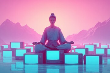 A person sitting in a lotus position on a futuristic platform, combining meditation and technology in a serene setting.