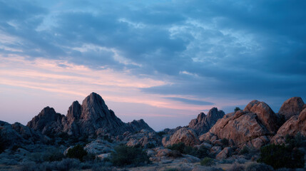 Fototapeta premium Rocky desert landscape with dramatic sky at dusk