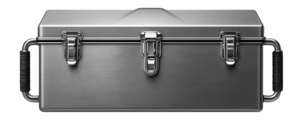 Double-hinged metal tool box with side handles for easy transport on a construction project.