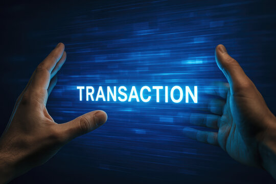 The portrays the concept transaction through dynamic interaction two hands manipulating a luminous digital interface representing data exchange and business processes - Powered by Adobe