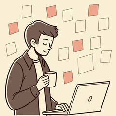 Man working on a laptop while holding a coffee mug with sticky notes on the wall in the background