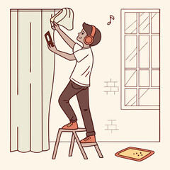 Illustration of a person on a step stool hanging curtains while listening to music near a window indoors