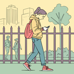 A woman walking on the sidewalk with a phone in her hand in front of a fence and buildings in background