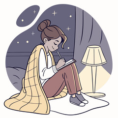 A girl wrapped in a blanket sitting on the floor writing in a notebook under the night sky and lamp light