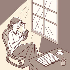Illustration of a woman reading a book in a rocking chair by a window with a table and coffee nearby