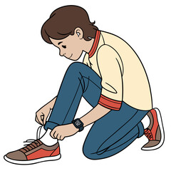 A young person with brown hair tying the laces of a brown and red shoe while kneeling on the ground outside