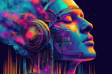 A futuristic digital art piece by Alex Kro depicting a neural interface gaming experience. The image showcases a high-tech gaming setup with a sleek design and advanced technology.