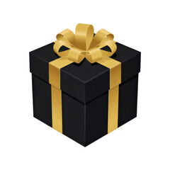 Obraz premium PNG 3d render, highly detailed, photorealistic, black gift box with gold ribbon and bow, elegant, luxurious, high quality, realistic lighting and shadows, studio lighting, seamless background 