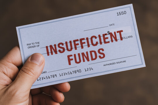 A holds a bounced check stamped with a notice indicating insufficient funds symbolizing financial setbacks and payment challenges in business transactions