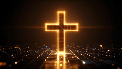 Glowing cross on digital grid