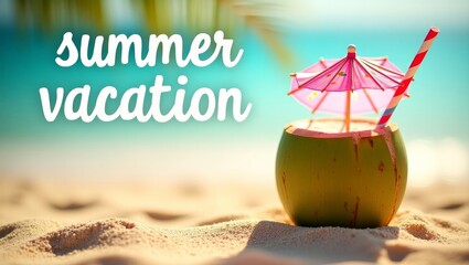 summer background with written text on sand and sunny beach vibe with Fresh coconut drink with colorful umbrella and straw 