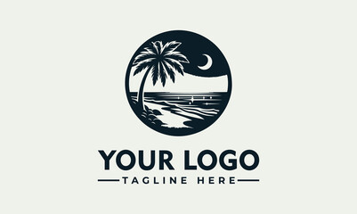 A stylized black and white logo depicting a tropical beach scene at night.