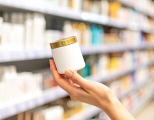 Hand holding a white cosmetic jar in a store