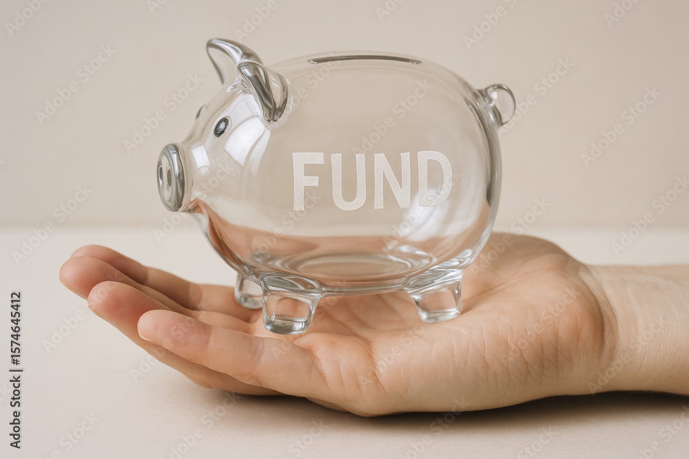 Poster a concept financial security is represented by a transparent piggy bank resting on an open palm symb
