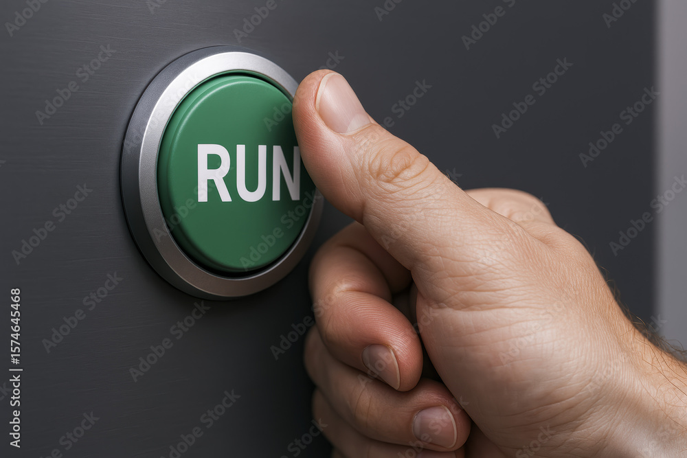 Aufkleber initiating a critical process with a firm press a sleek button symbolizes decisive action and forwar