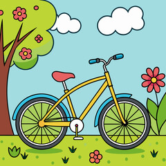 Fototapeta premium Vintage yellow bicycle parked in colorful garden with flowers 