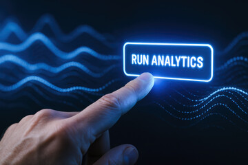 Activating data processing by tapping a glowing icon symbolizes dynamic insight generation and analysis in business operations