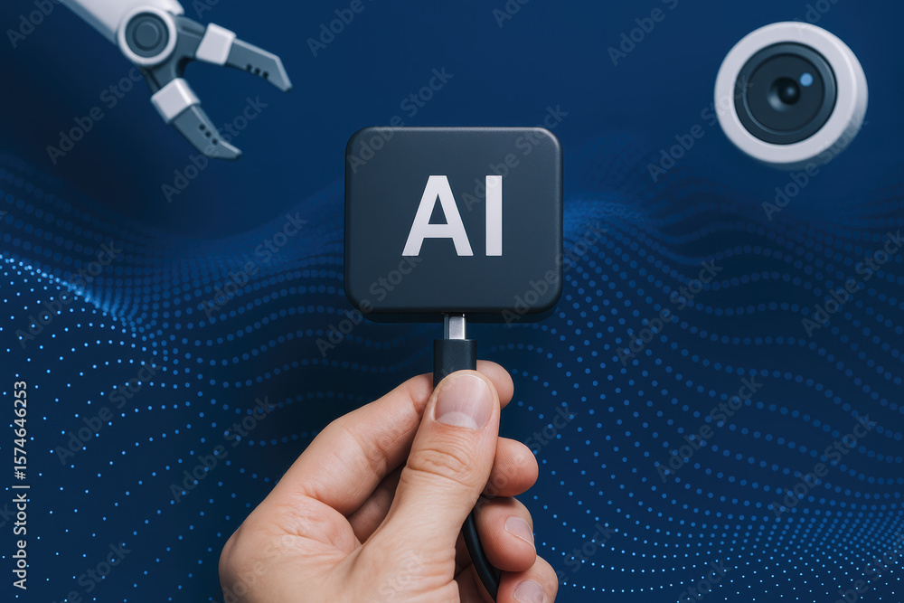 Poster innovation drives progress as a connects an ai device amidst digital wave patterns and robotic senso