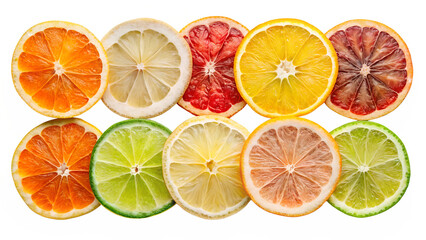 Obraz premium Assorted Citrus Fruit Slices Arranged in a Row on Transparent Background