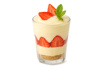 Glass cup with layered strawberry dessert — biscuit crumbs, creamy custard, and fresh strawberries, topped with mint. Isolated on transparent background. Refreshing and elegant.