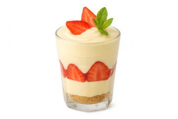 Glass cup with layered strawberry dessert — biscuit crumbs, creamy custard, and fresh strawberries, topped with mint. Isolated on transparent background. Refreshing and elegant.