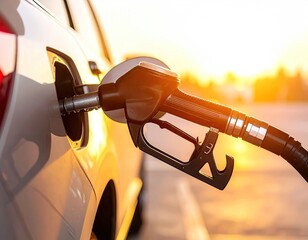 Car refueling at sunset