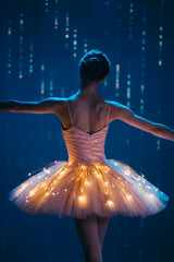 Grace in Lights: Ballerina in Illuminated Tutu Performing Under a Starry Blue Stage Backdrop